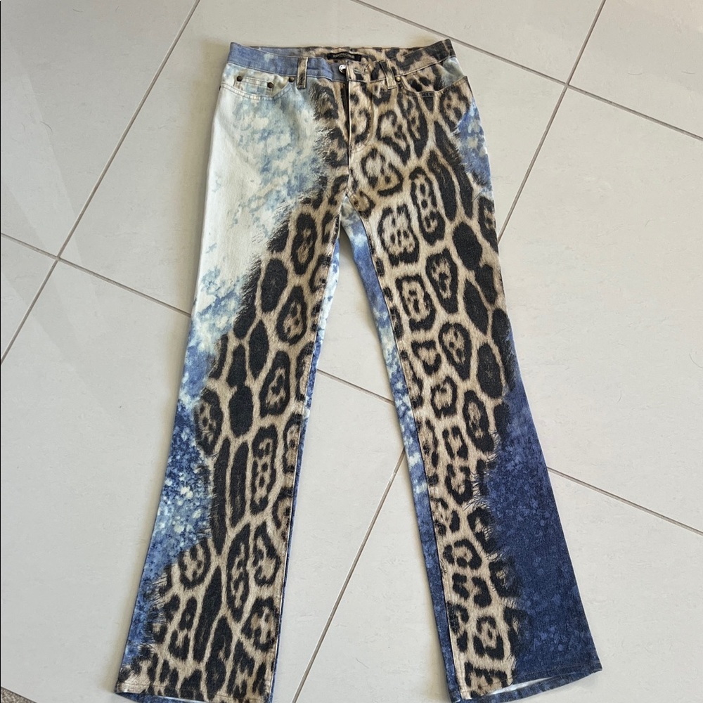 Roberto Cavalli Blue and Cream Patterned Cheetah Jeans